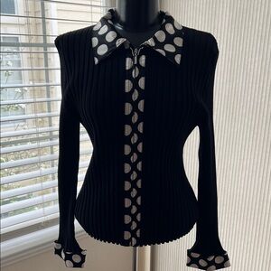 Black Ribbed Long-Sleeve Zipper Top with Polka Dot Trim